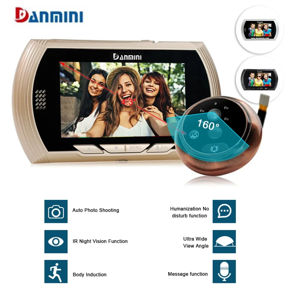 

Danmini Hidden Electronic Cat Eye Camera Doorbell Video Peephole 4.3 Inch Screen Viewer ight Vision Motion Detection No Disturb