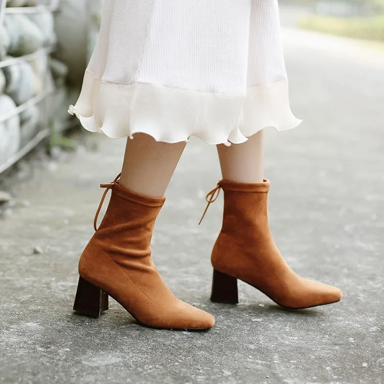 

Big Size 9 10 11 12 Square-headed solid-color tie bow-tie thick-heeled boots