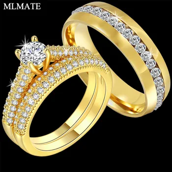 

Gold Color CZ Zircon Finger Ring Set Wedding Bands Couples Gift for Women and Men Jewelry Wholesale