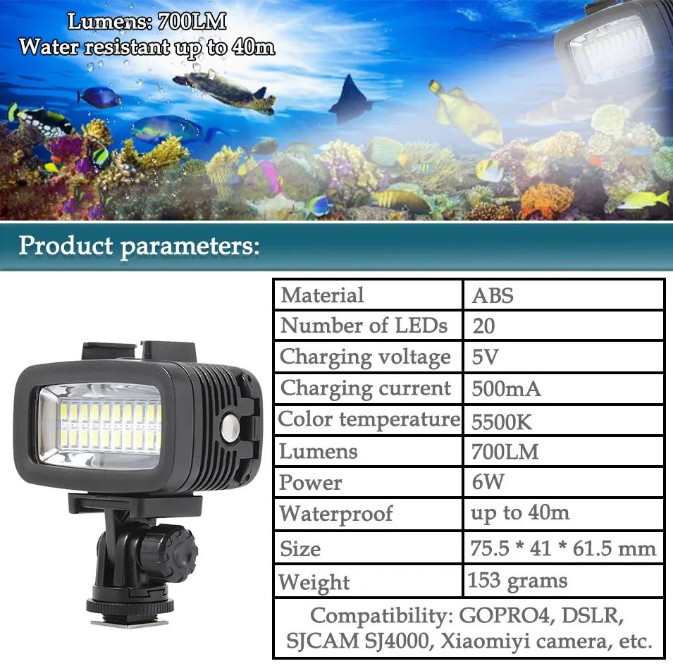 Orsda светильник для дайвинга светодиодный видео высокой мощности открытый водонепроницаемый светильник для GoPro SJCAM спортивные экшн-Камеры Вспышка gopro светильник s