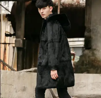 

2018 New Men's Genuine leather rabbit fur Jacket Long men fashion winter leather coat