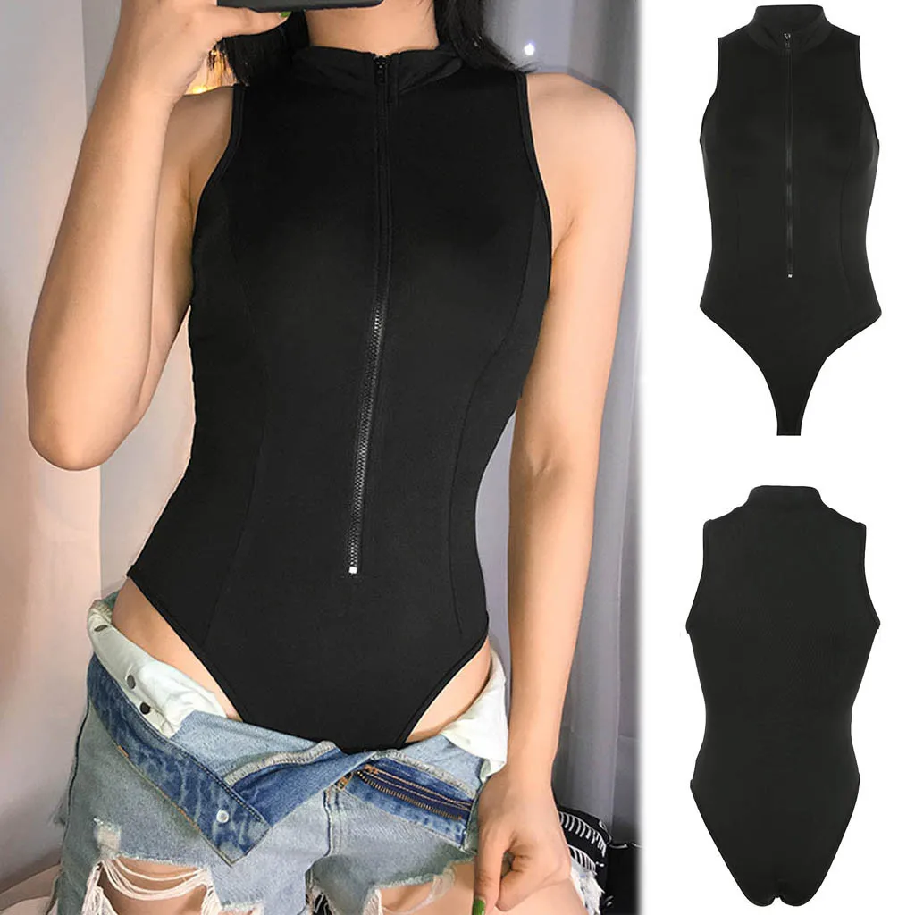 

Women Slim Bodysuits Sexy Shapewear Zipper Lady Sleeveless Turtleneck Onesies Bodysuit Overalls Rompers Knitted Leotard Stretchy