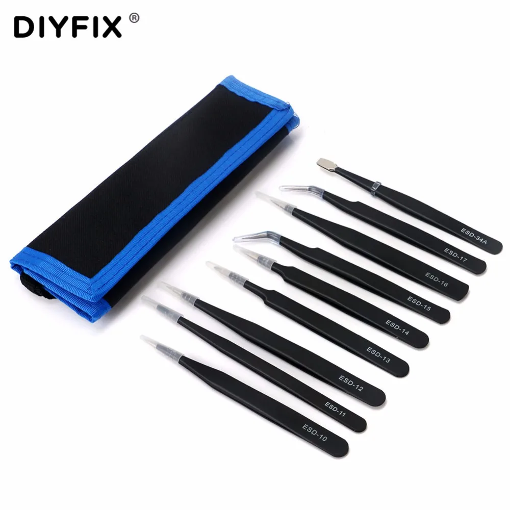 DIYFIX 9Pcs ESD Stainless Steel Tweezers Set Precision Repair Tools Kit Anti Static for
