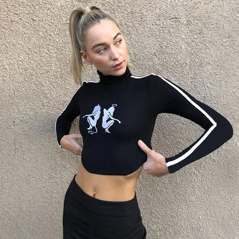 Crop Top Women Gothic Long Sleeve Black T Shirt Women Korean Style Turtleneck Autumn Devil and Angel Printed Tee Shirt Top Crop Top Women Gothic Long Sleeve Black T Shirt Women Korean Style Turtleneck Autumn Devil and Angel Printed Tee Shirt Top