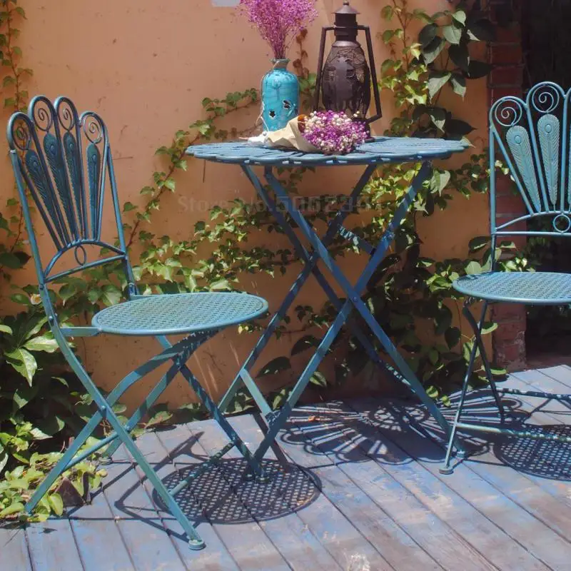 

American Rural Iron Art Retro Outdoor Folding Table And Chair Suite Outdoor Courtyard Table And Chair Three-piece Garden Balcony