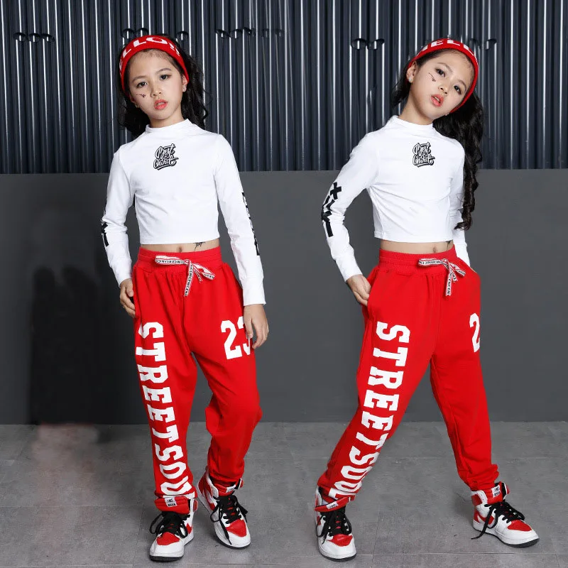 Kids Hip Hop Clothing Crop Top Long Sleeve Shirt Streetwear Jogger Running Pant For Girls Jazz Dance Costume