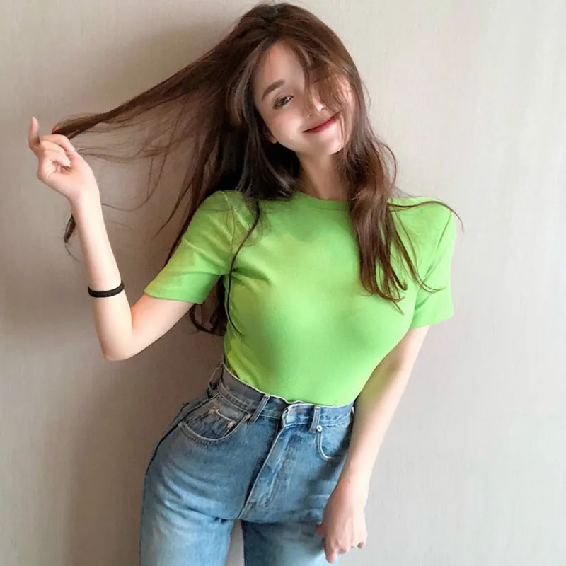 

2019 Summer The New Short Paragraph Round Neck T-shirt Slim Fit Solid Color Cute Women Short Sleeve T-shirt