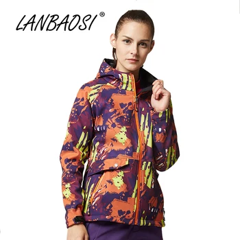 

LANBAOSI Outdoor Sports Women's Hiking Jackets Hooded Softshell Camo Fleece Windstopper Waterproof Camping Climbing Outwear Coat