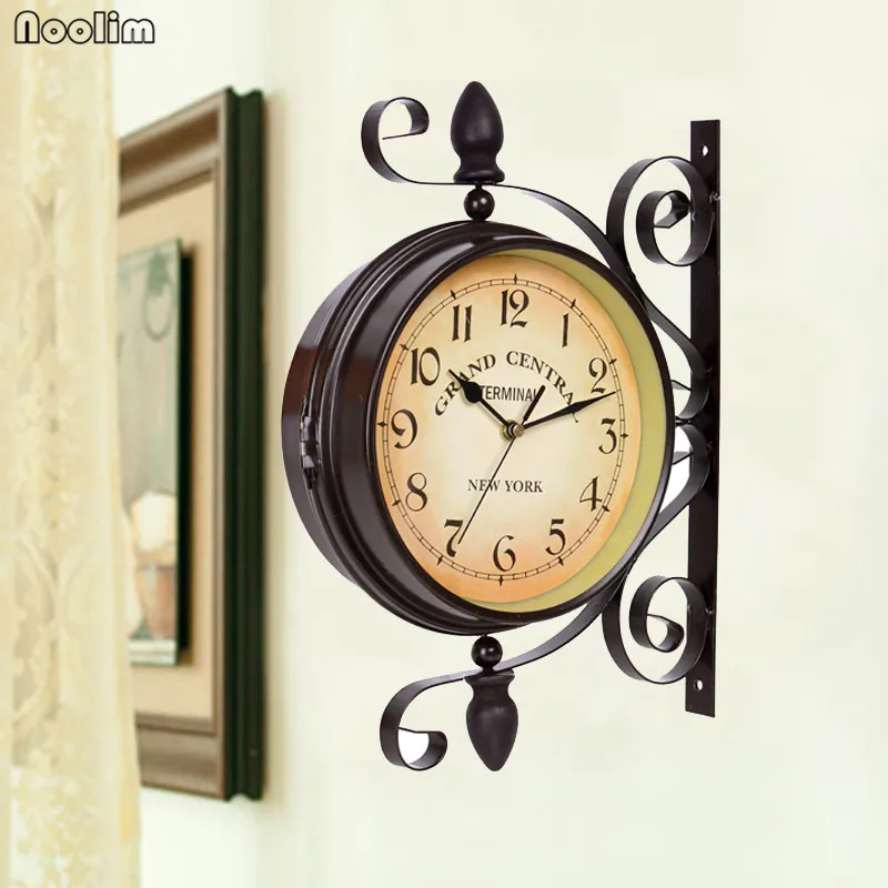 NOOLIM Classical European Wall Wrought Iron Double Faced Wall Clock