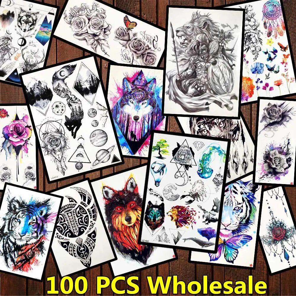 

FANRUI 100 Pieces Wholesale Flash Fake Tattoo Temporary Fox Tiger Painting Tatoo Sticker For Men Women Arm Leg 3D Tattoo Supply