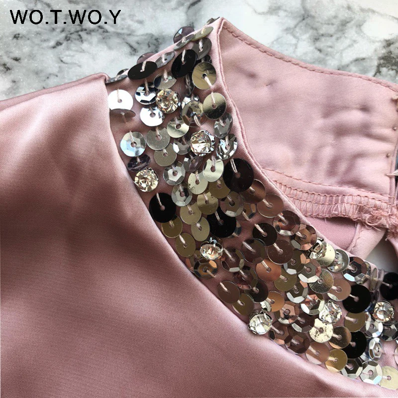 WOTWOY Sequins O-Neck Elegant Office Blouses Women Tops Long Sleeve Blouse Shirt Women Pink Chiffon Blouse 2018 Blusa Feminina