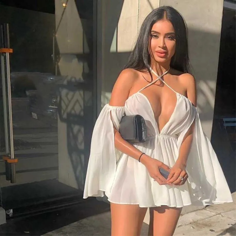 

2019 Slash Neck Hollow Out Chiffon Dress Women Lace Up Sexy Beach Dress Batwing Sleeve Backless Mini Dress