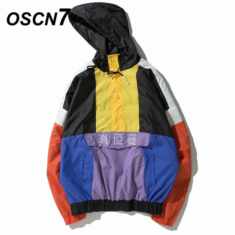 OSCN7 Hip Hop Contrast Color Hooded Jackets Men 2019 Streetwear Loose Casual Women Windbreaker Jackets Varsity Bomber Coat A13
