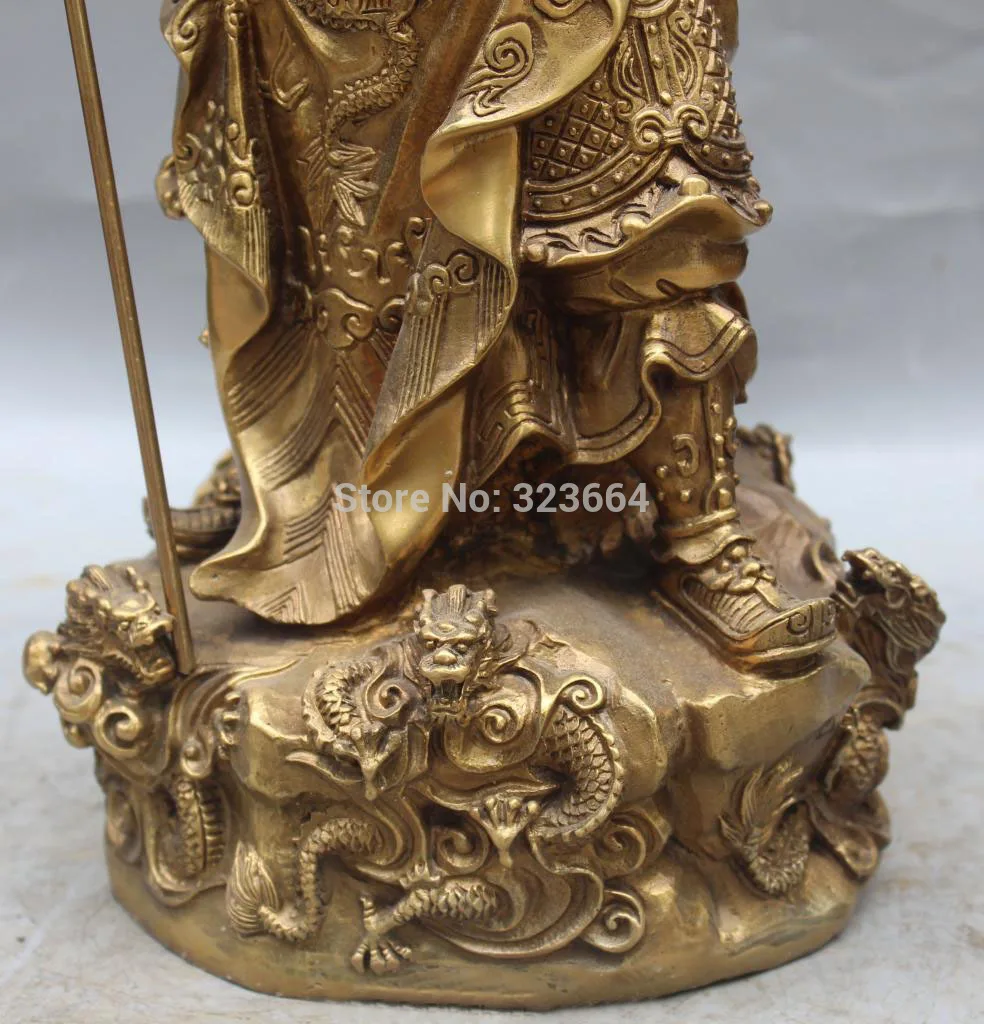 1" Китайский Бронзовый 9 Драконы Дракон Warrir GuanGong Гуань Гун GuanYu Меч Статуя