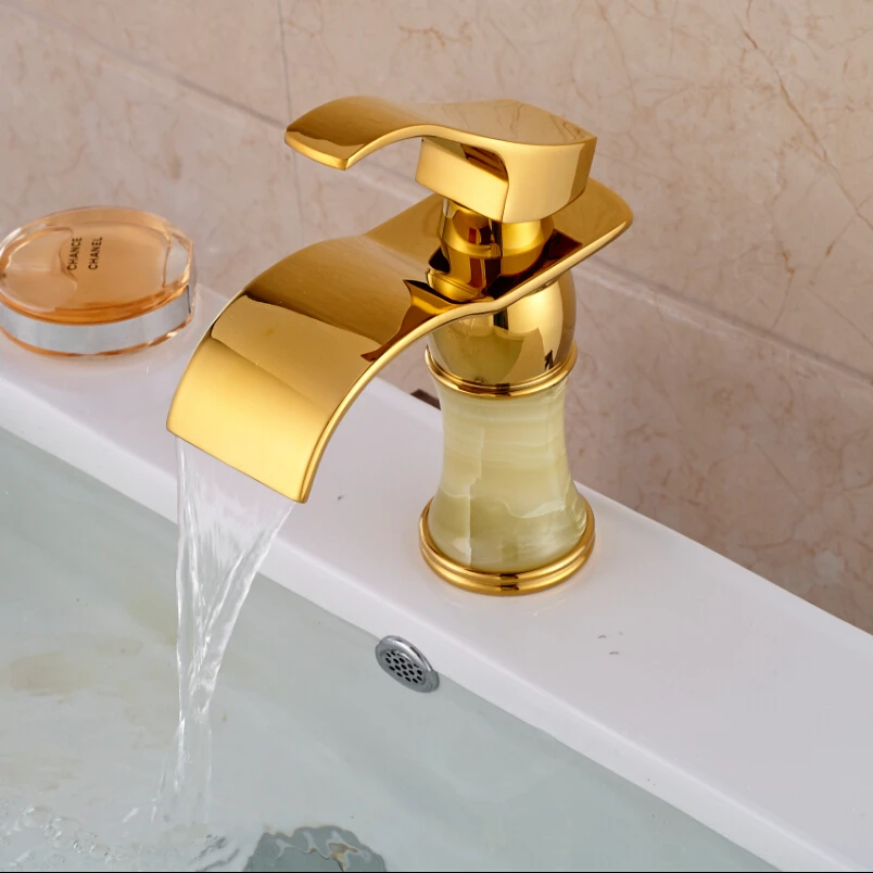 Золотой и мрамор водопад кран раковины палуба гора один ручкой латунь смесители