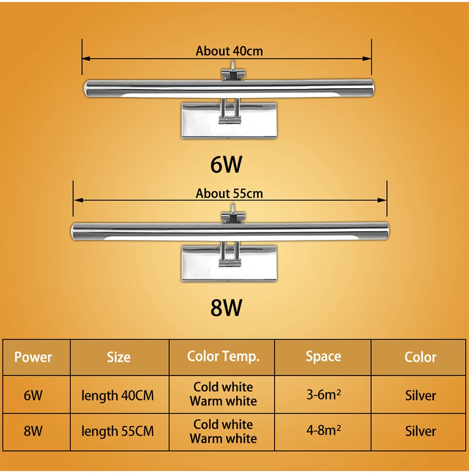 Светодиодный зеркальный светильник 40 см 56 см 6 Вт 8 Вт из нержавеющей стали+ акриловая водонепроницаемая лампа для ванной комнаты, для спальни, фойе, для учебы, бра, светильник ing