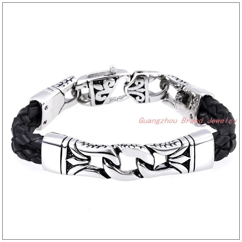 

New Charming Black Braided Genuine Leather Mens Jewelry 316L Stainless Steel Silver Fashion Clasp Wristband Bracelet Bangle 8.5