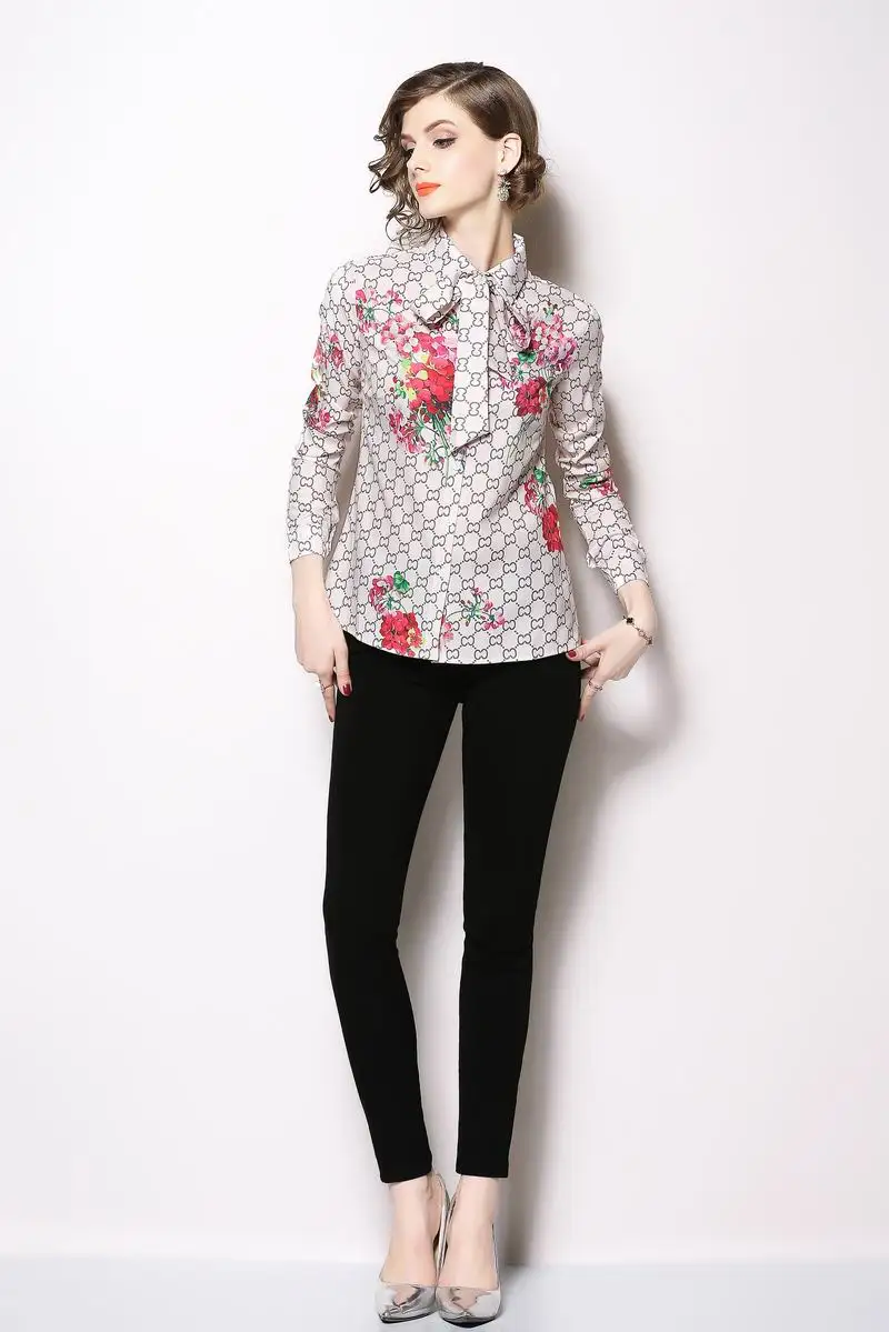 Elegant Office Lady Turn Down Collar Tied Neck Floral Geometric Printing Blouse Spring Women Button Loose Tops And Blouses