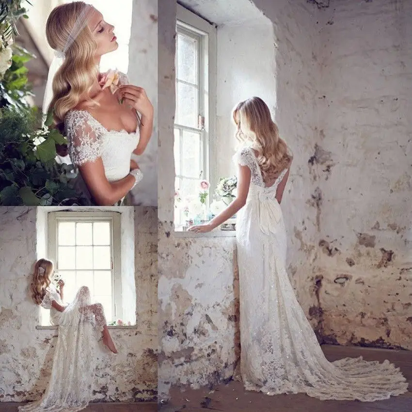 Y A Line Cap Sleeve Lace Wedding Dress Beach Bridal Gown White Y A Line Cap Sleeve Lace Wedding Dress Beach Bridal Gown White Ivory Custom Size 2 4 6 8 10 12 14 16 In Dresses From Weddings Events On