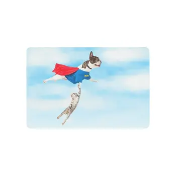

Animal Anti-slip Door Mat Home Decor, Funny Super Hero Dog with Cat Kitten Flying through Clouds