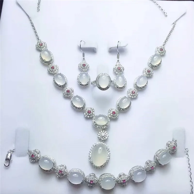 

Koraba Fine Jewelry 925 Silver Inlaid Natural Ice Chalcedony Pendant Necklace Ring Bracelet Earring Set Gifts Free Shipping