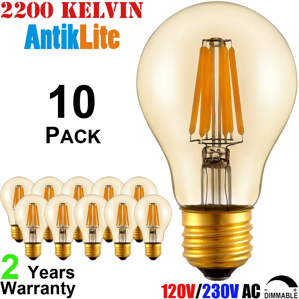 

AntikLite A60 Pear-Shaped LED Filament Lamp, E26/E27 Lamp Base 4 6 8 Watt LED Filament Antique Replica Light Bulb, 10 Pack