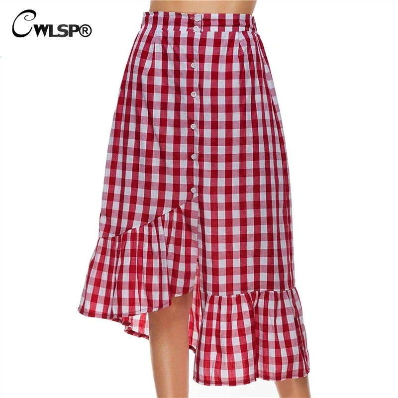 CWLSP New Red Plaid Ruffles Skirts 2018 Summer Sexy Asymmetrical Skirt Sweet Long Trumpet Skirt With Button Saia QZ2821