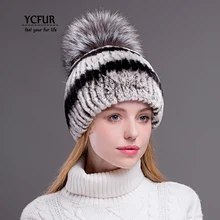 YCFUR женские зимние теплые шапки, шапка s ручной работы в полоску, настоящий мех кролика, шапка с лисьим мехом, шапки с помпонами, женские шапки