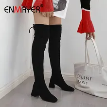 ENMAYER Stretch Lycra Over The Knee High Boots Flock Women Boots Square Slip-On Round Toe Heel Winter Women Shoes Size 34-43 цена ENMAYER Stretch Lycra Over The Knee High Boots Flock Women Boots Square Slip-On Round Toe Heel Winter Women Shoes Size 34-43 цены онлайн