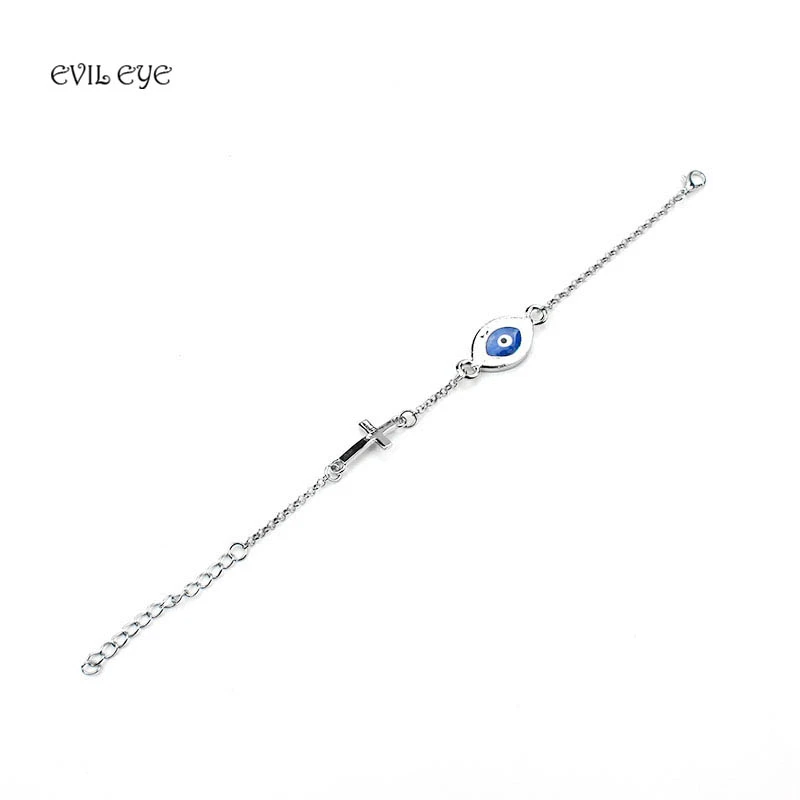

1pcs Blue Evil Eye With Silver Cross Charm Bracelet Men And Women Chic Bracelet Adjustable Jewelry