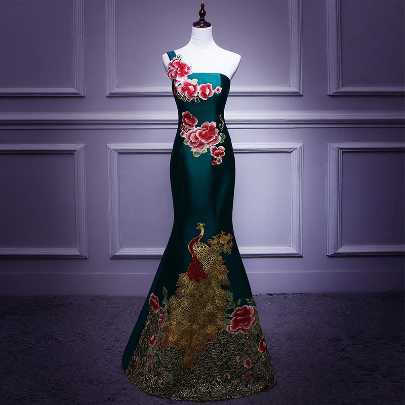 Drak Зеленое Длинное платье Ципао с одним плечом, Vestidos, брюки-Чино, Восточный Ципао вечернее платье, Классические Вечерние Платья, размер s-xxl