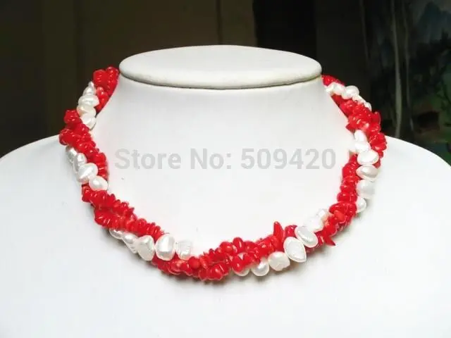 

~~ W&O655 >necklace 3 strands red coral chip white pearl twisted