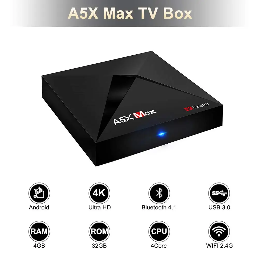 Android Tv Box A5X Max 4 Гб оперативной памяти 32 Гб ПЗУ Rk3328 4 ядра Bluetooth4.0 2,4G/5,8G Dual Band Wi-Fi Hd Декодер каналов кабельного телевидения Dlna Airplay мед