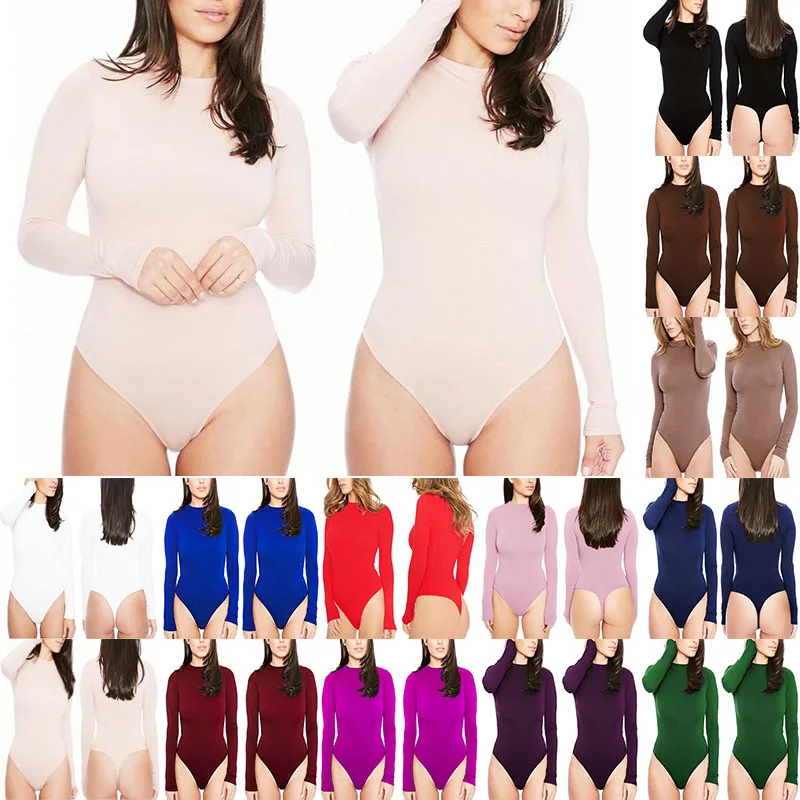 Women Long Sleeve Bodycon Bodysuit Ladies Solid Leotard Jumpsuit Romper Clubwear