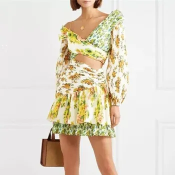 

Women Off Shoulder Hollow Out Floral Print Dress Cascading Ruffle Lantern Sleeve Beach Dress Autumn Female Mini Dresses