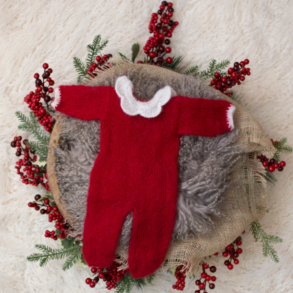 

D&J Newborn Baby Romper Photography Props Mohair Crochet Knit Red Rompers Infant Toddler Studio Shooting Photo For Christmas