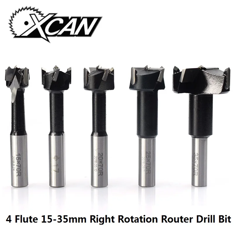 XCAN 1pc 15-35mm 4 Flutes Router Drill Bit Right Rotation Core Drill Bit Row Drilling Bit For Boring Machine Wood Hole Cutter
