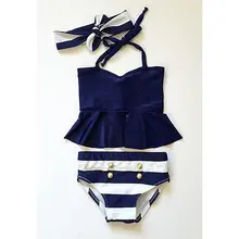 Kids Baby Girls Bikini Suit Navy Swimsuit Striped Swimwear Bathing Swimming Clothes 3PCS A Sool and Refreshing Hot Summer Gift