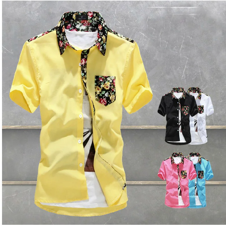 2016 Mens Slim fit man top Short Sleeve Shirts Mens flower