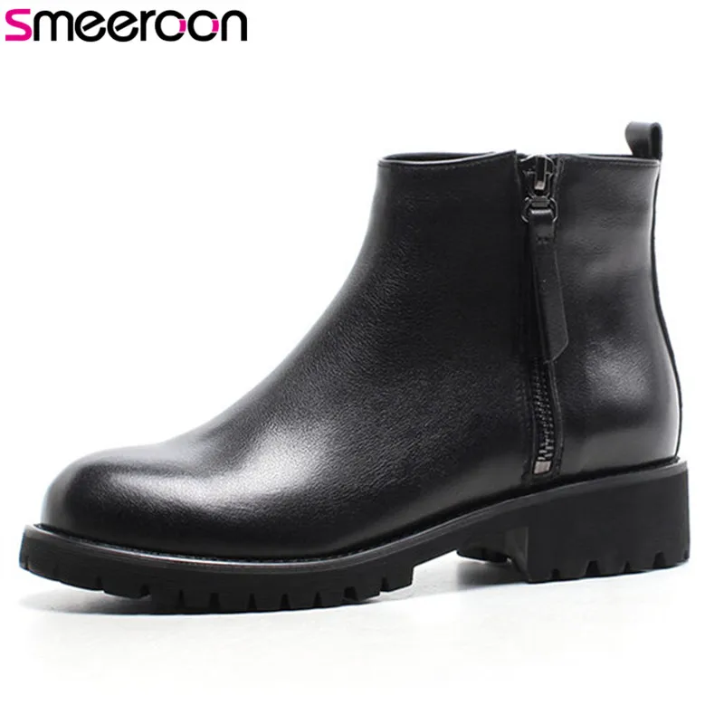 

Smeeroon 2018 fashion autumn winter boots women round toe low heels ankle boots high quality top genuine leather leather boots