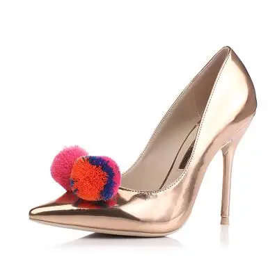 

Spring and autumn new women hair ball pointed toe high heel pumps Fashion bright surface thin heel shoes Gold/silvery high heels