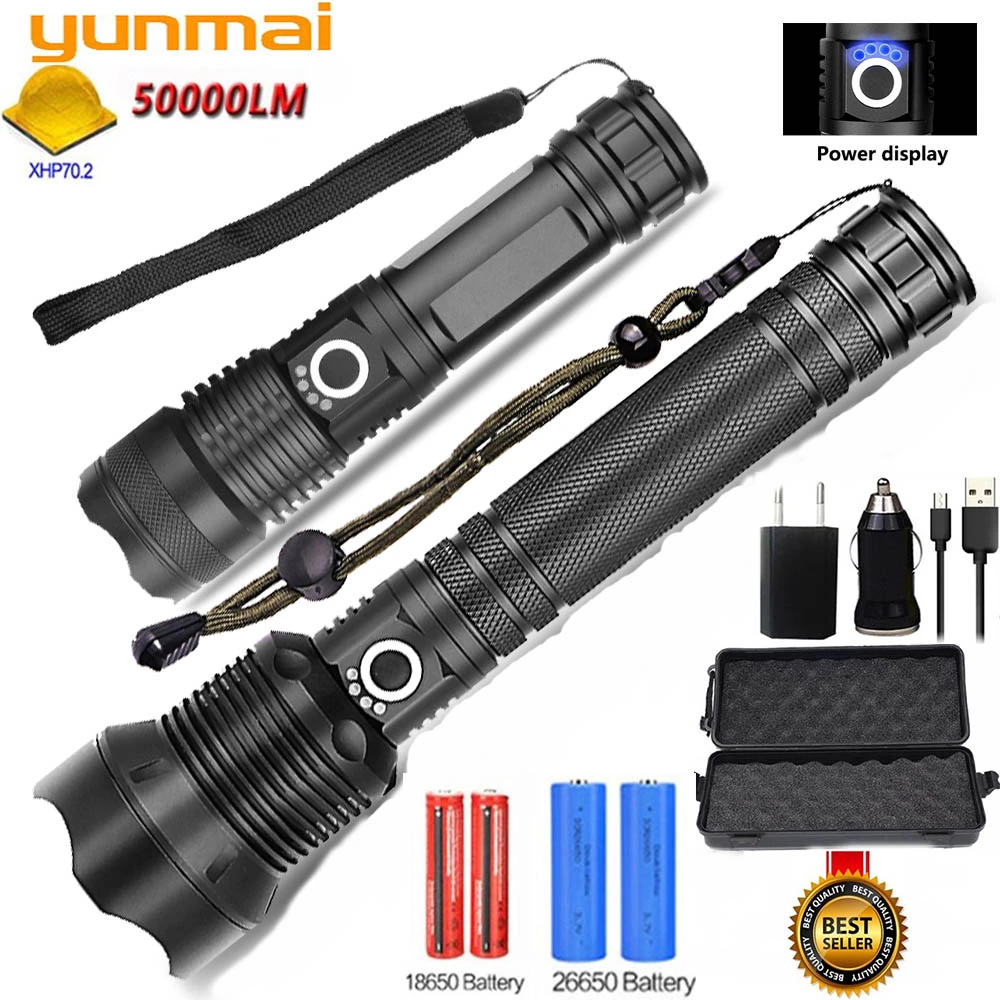 

Yunmai 80000LMs Powerful LED Flashlight XHP70 XHP50 Rechargeable USB Zoom Torch XHP70.2 18650 26650 Self Defense Hunting Lamp