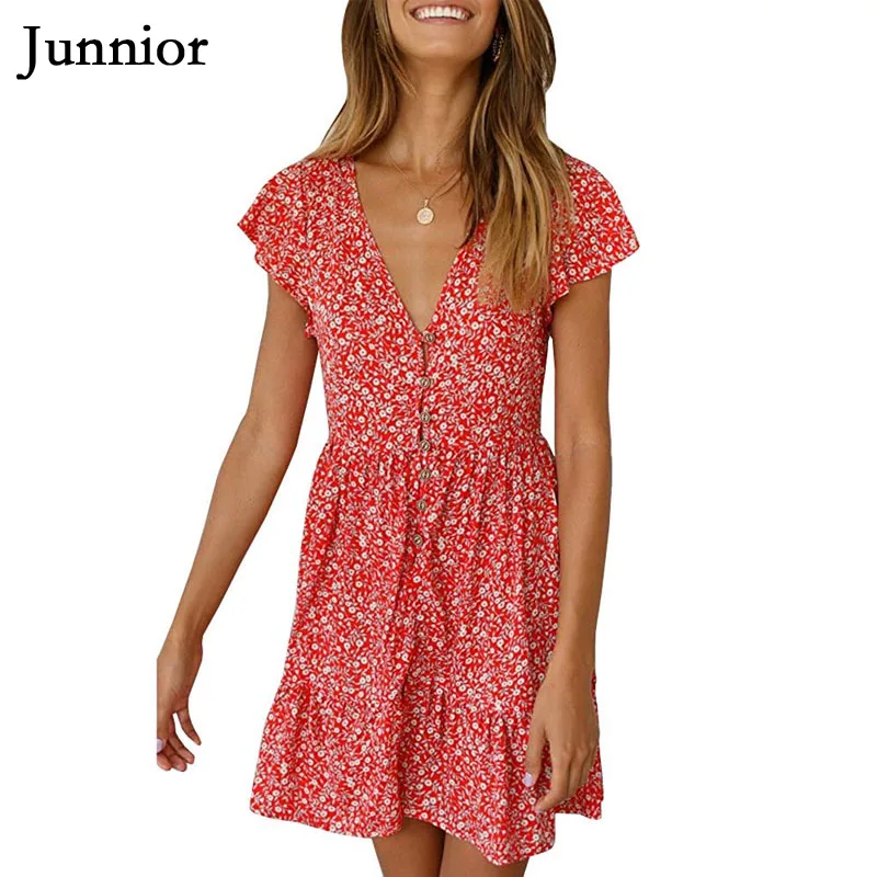 

Junnior Womens Boho V Neck Dress Floral Print Button Down A Line Short Dresses with Ruffle Hem