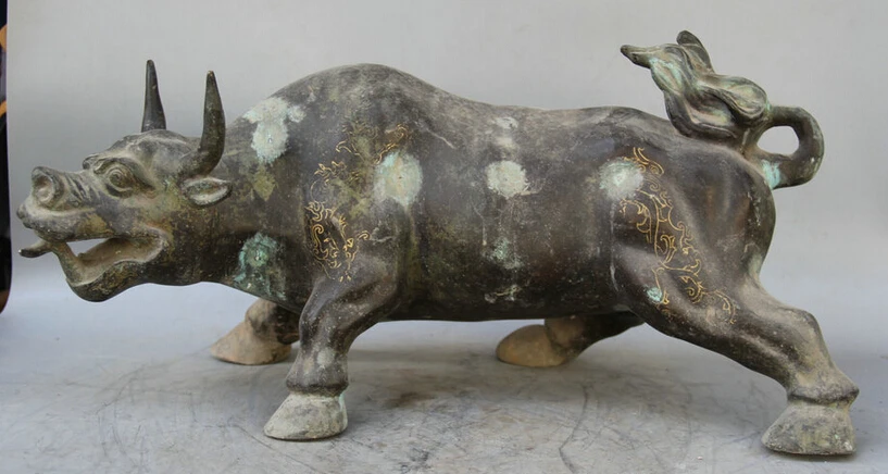 

150610 S1516 19" Old Chinese Bronze animal Folk Zodiac Year strong Bull Oxen sculpture Statue