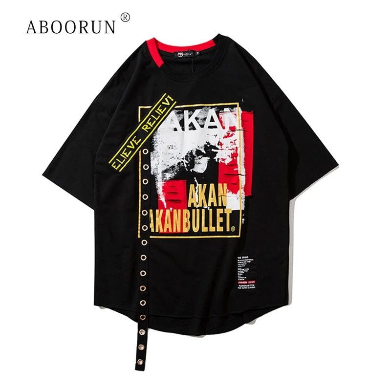 

ABOORUN Men's T-shirt Pattern Printed Patchwork Tees with Ribbons Summer Fahion Short Sleeve Loose Shirts for Male R415