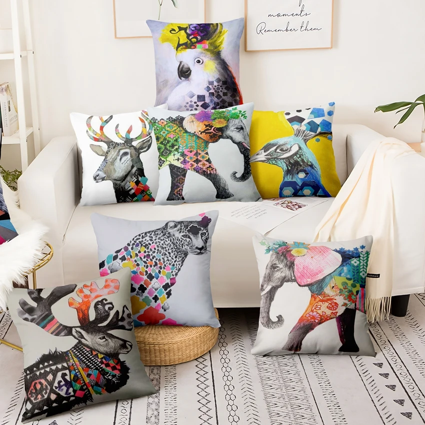 

Watercolor Animal Printed Thin Linen Pillowcase Abstract Ethnic Painting Cushion Decorative Pillow Almofadas Decorativas 45*45cm