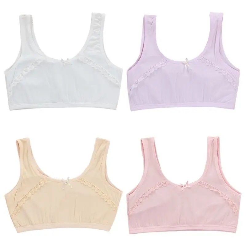 

Puberty Girls Wireless Wide Strap Training Bra Underwear Cute Mini Imitation Pearl Bowknot Bralette Scalloped Lace Splicing Vest