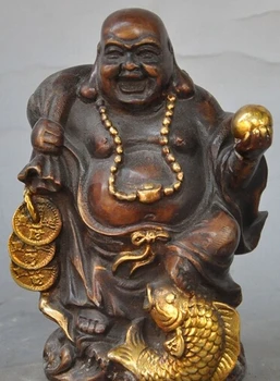 

xd 003014 Chinese bronze gilt fish money coin wealth happy Lucky Maitreya Buddha statue