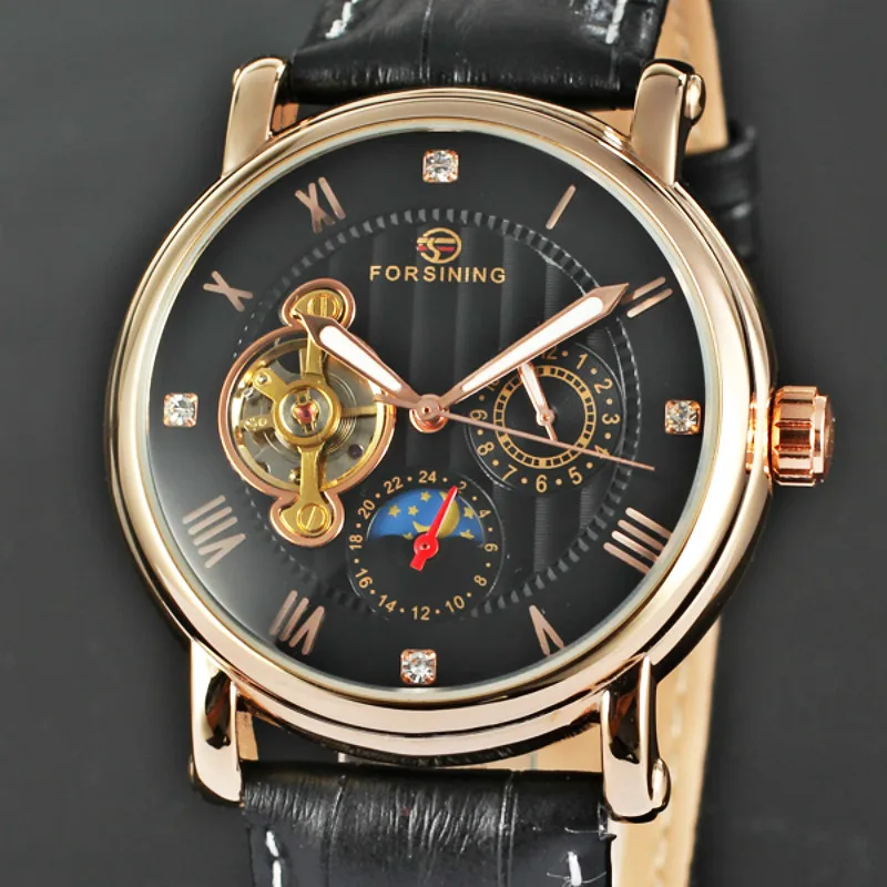 FORSINING Скелетон из натуральной кожи ремешок автоматические часы черный Tourbillion