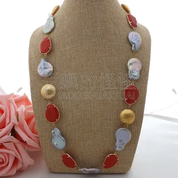 

N062503 27" Gray Teardrop Keshi Pearl Red Crystal Necklace